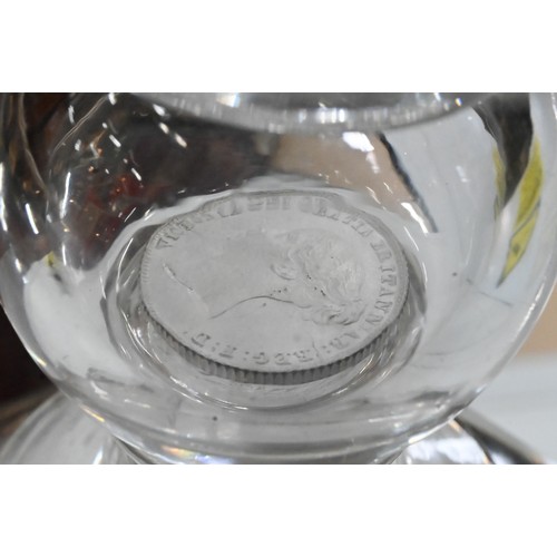 547 - A Victorian coin-stem glass goblet, the cut and vine-etched bowl with AMR monogram, the hollow balus... 