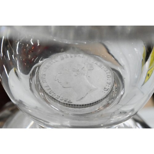 547 - A Victorian coin-stem glass goblet, the cut and vine-etched bowl with AMR monogram, the hollow balus... 