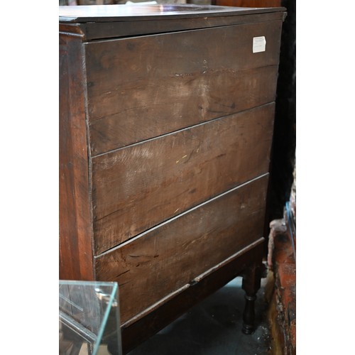 881 - A late 17th/18th century oak chest on stand, the two short over four long graduated drawers with lat... 