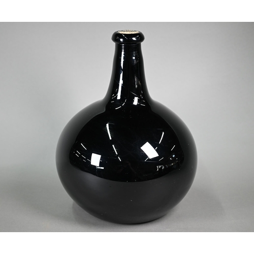 A large antique amethyst glass globular bottle of onion form, with slender tapering neck, 33 cm high