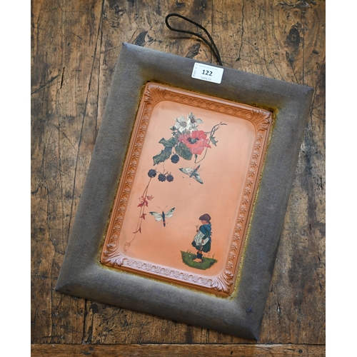 167 - An antique rectangular terracotta tile or wall plaque, hand painted with floral sprays, mayflies and... 