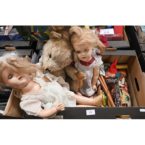 176 - Two boxed Pelham puppets and one unboxed to/w two composite dolls and a mohair teddy bear (box)