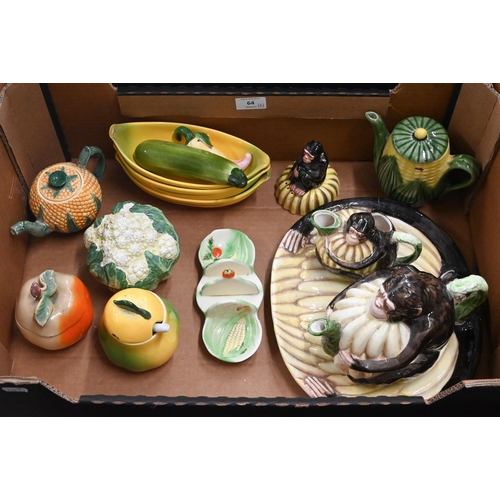 64 - A Portuguese majolica novelty part dinner service modelled as sweetcorn, to/w similar wares includin... 