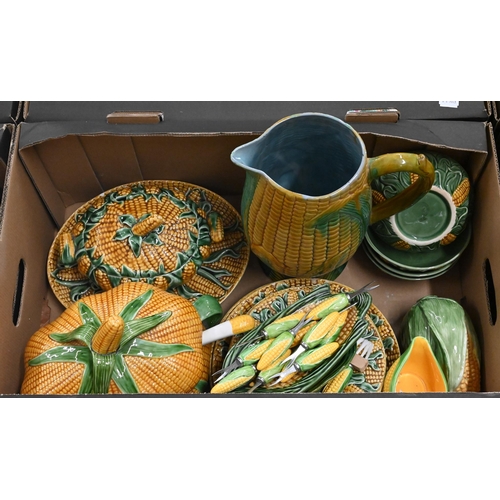 64 - A Portuguese majolica novelty part dinner service modelled as sweetcorn, to/w similar wares includin... 