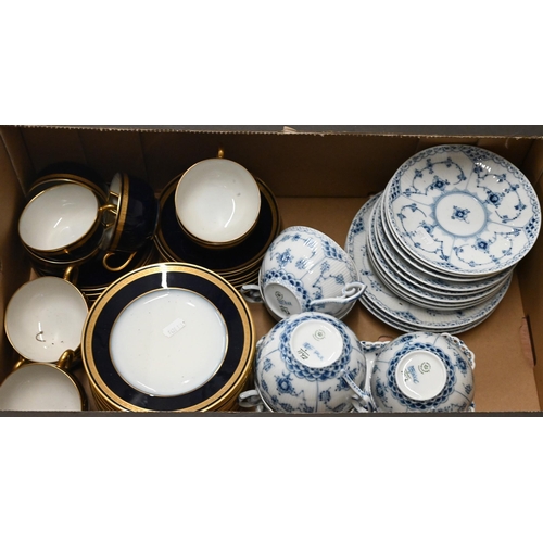A Royal Copenhagen 'Strawflower' part tea service to/w a Limoges blue and gilt tea service, a Minton china dinner plate with gilt Royal Crown motif, thirteen Continental porcelain plates and dishes etc (2 boxes)