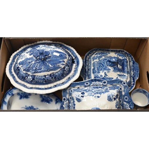 68 - Various Victorian and later blue and white transfer-printed pottery, including jugs, meat dishes, tu... 