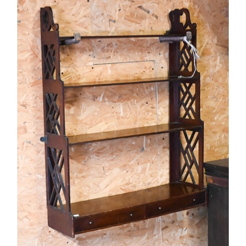 574 - An old four tier mahogany wall shelf with base drawer, 76 cm wide x 94 cm high