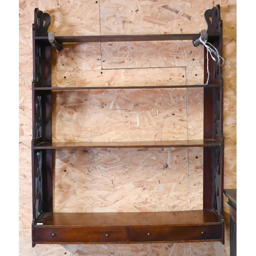 574 - An old four tier mahogany wall shelf with base drawer, 76 cm wide x 94 cm high