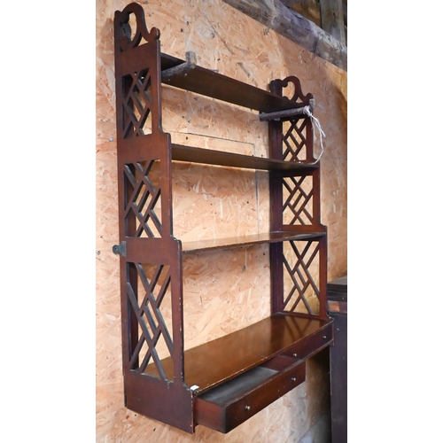 574 - An old four tier mahogany wall shelf with base drawer, 76 cm wide x 94 cm high