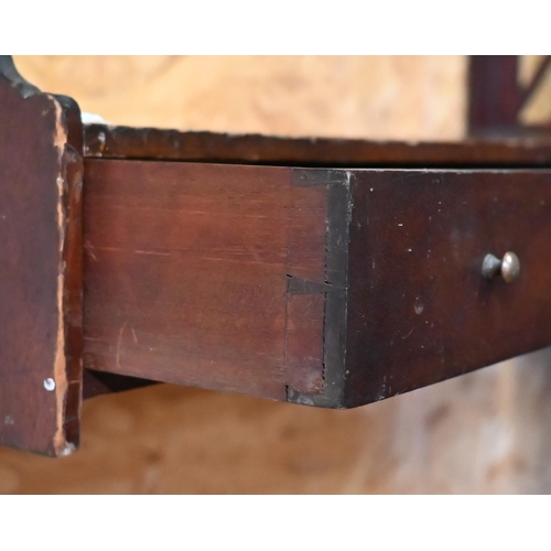 574 - An old four tier mahogany wall shelf with base drawer, 76 cm wide x 94 cm high