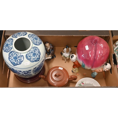 62 - Two boxes of Chinese and other Asian ceramics including blue and white ovoid vase, a peach supported... 