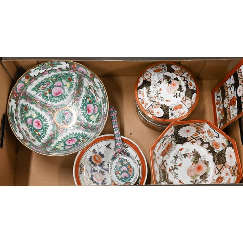 62 - Two boxes of Chinese and other Asian ceramics including blue and white ovoid vase, a peach supported... 