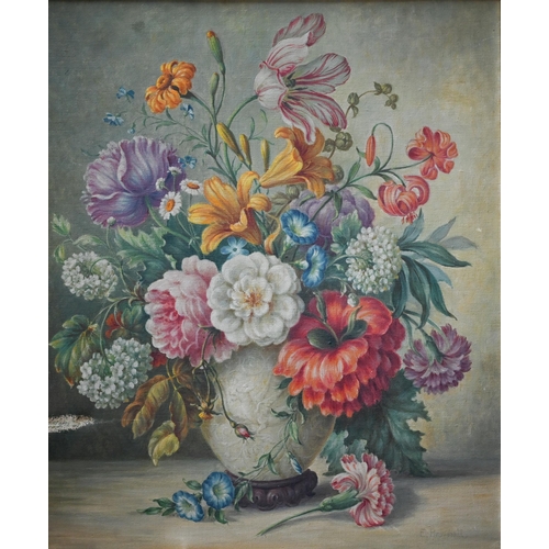 330 - E Bromhall - Still life study with summer flowers, oil on canvas, signed, 54 x 44.5 cm, a/f