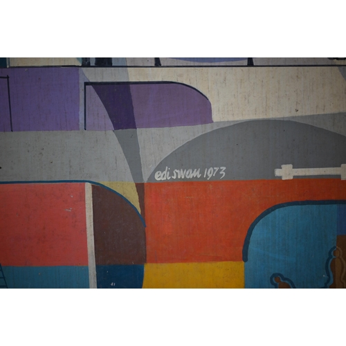 331 - Edi Swan - Triptych - Three panels depicting abstract illustrative industrial/transport elements, si... 