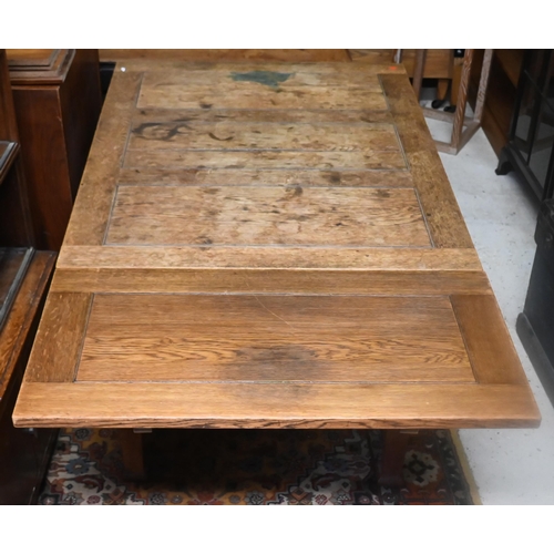 243 - An old oak draw leaf dining table, raised on square legs, 120 cm l x 91 cm w x 76 cm h (212 cm l ful... 