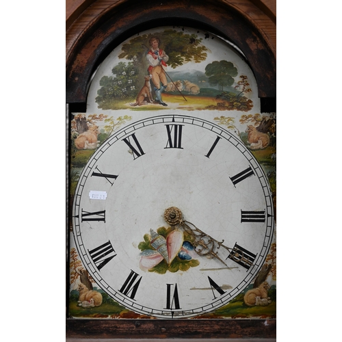 378 - A 19th century provincial pine longcase clock with thirty hour movement, the dial painted with sheph... 