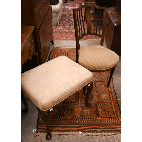 470 - # A Georgian style walnut framed stool on shell carved cabriole legs to/w Edwardian rosewood marquet... 