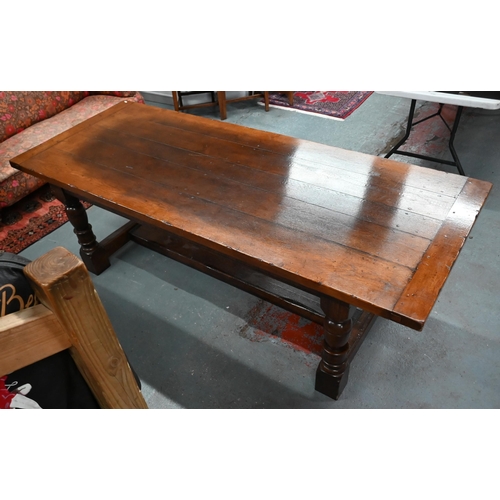 459 - A substantial 17th century style oak refectory table, by Belvedere, Ipswich, the cleated end top rai... 