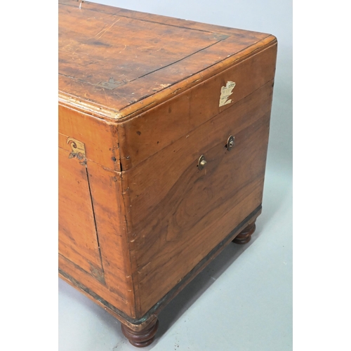 464 - A late 19th century part brass inlaid camphorwood campaign trunk, raised on turned feet, brass handl... 