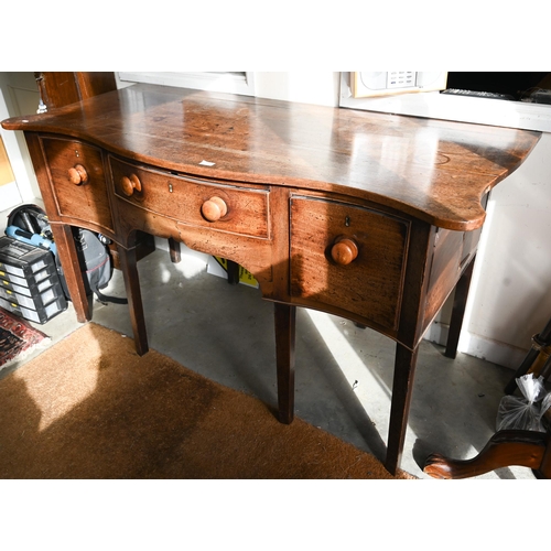 466 - # A 19th century mahogany serpentine sideboard with three drawers raised on square tapering supports... 