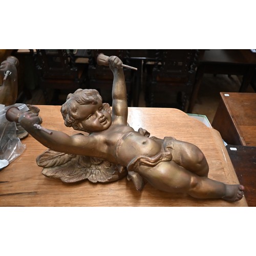 193 - A pair of old gilt plaster cherubs, each holding aloft twin candle pans, 43 cm h - a/f (2)