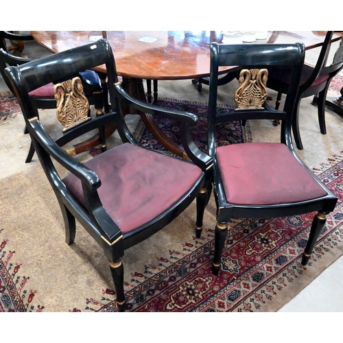 290 - A set of six Regency style ebonised and gilded dining chairs comprising two carvers and four standar... 