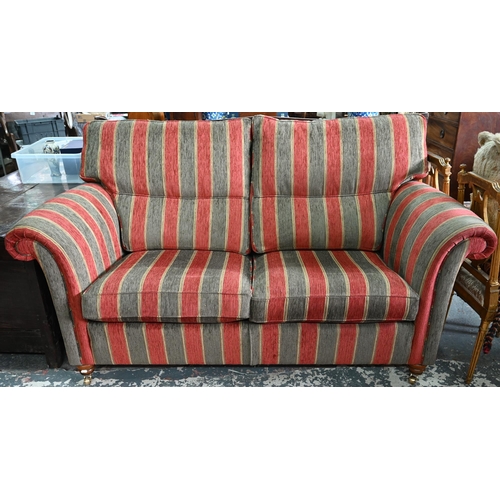 291 - A Duresta Mayfair traditional style scroll arm sofa in russet/stone Althorp stripe, turned hardwood ... 