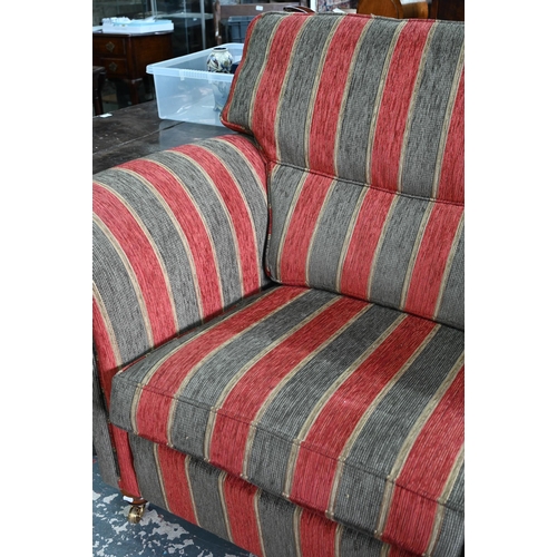 291 - A Duresta Mayfair traditional style scroll arm sofa in russet/stone Althorp stripe, turned hardwood ... 