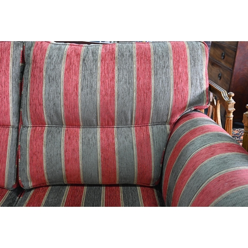 291 - A Duresta Mayfair traditional style scroll arm sofa in russet/stone Althorp stripe, turned hardwood ... 