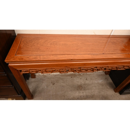 366 - A Chinese hardwood console table with pierced frieze, straight legs with square key-fret feet, 138 x... 