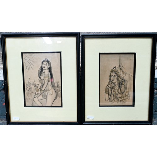 134 - # A pair of Indian pen drawings of courtesans, with gilt highlights, 18 cm x 12.5 cm and 17.5 cm x 1... 