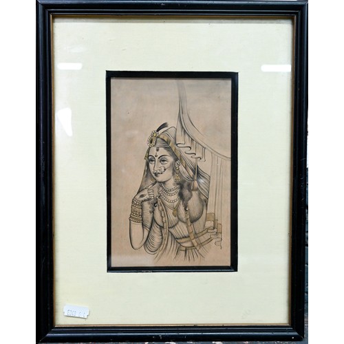 134 - # A pair of Indian pen drawings of courtesans, with gilt highlights, 18 cm x 12.5 cm and 17.5 cm x 1... 