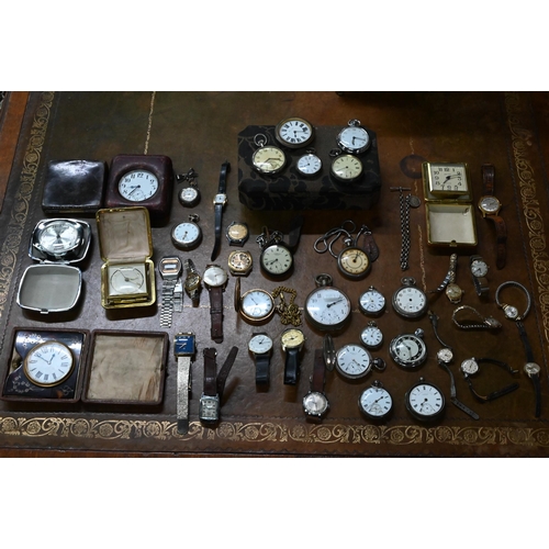 A large box of assorted vintage and later pocket, fob and wrist watches including Elgin; pinnacle; Timex; Sekonda; Ingersol; Avia; Benson; Bulova; Lucerne etc etc, some silver cased, all as found, for spares/repair