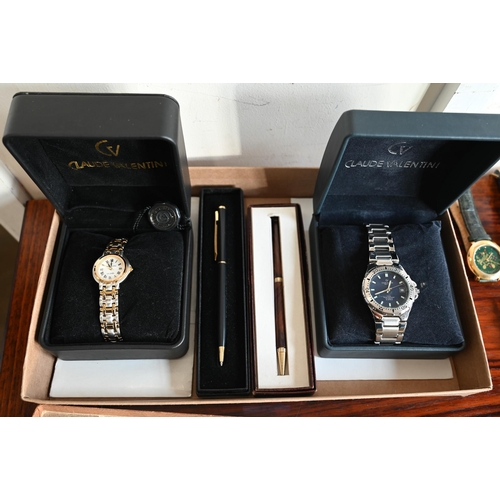 111 - Two boxed Claude Valentini wristwatches (lady's and gentleman's) to/w various other wristwatches, be... 