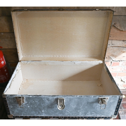 13 - A pair of vintage zinc school type luggage trunks by Mossman, London, 90 cm x 51 cm x 35 cm h to/wit... 