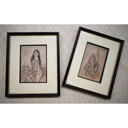 134 - # A pair of Indian pen drawings of courtesans, with gilt highlights, 18 cm x 12.5 cm and 17.5 cm x 1... 