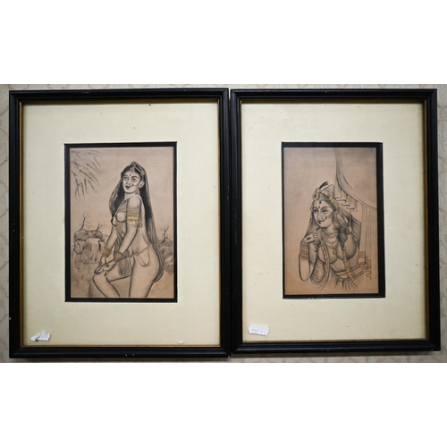 134 - # A pair of Indian pen drawings of courtesans, with gilt highlights, 18 cm x 12.5 cm and 17.5 cm x 1... 