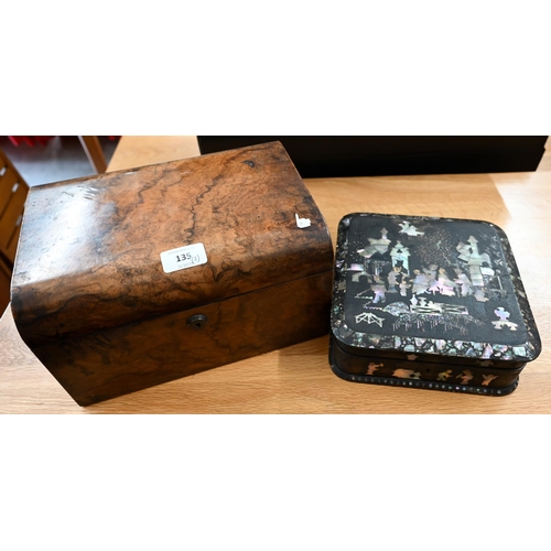 An antique mother-of-pearl inlaid trinket box with Chinoiserie decoration to/w a Victorian walnut work box (2)