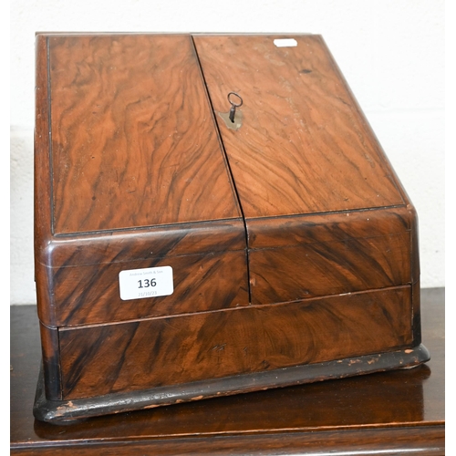 136 - A Victorian walnut stationery box with grained interior, 32 cm wide