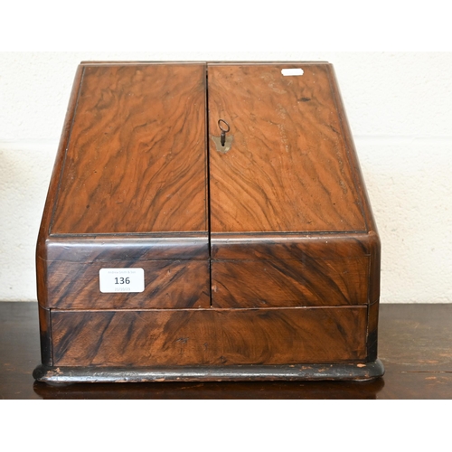 136 - A Victorian walnut stationery box with grained interior, 32 cm wide