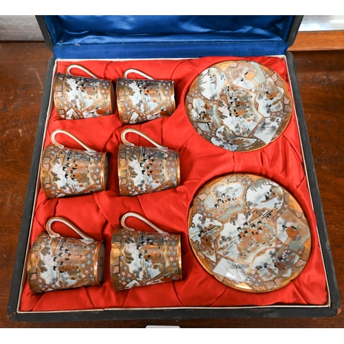 137 - A late 19th century Japanese cased set of six eggshell porcelain cups and saucers, finely-painted an... 