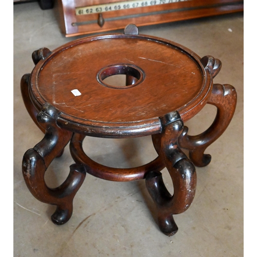 142 - # A large Chinese turned wood po-stand to/w a crystal geode, five lamps and a trophy plinth box