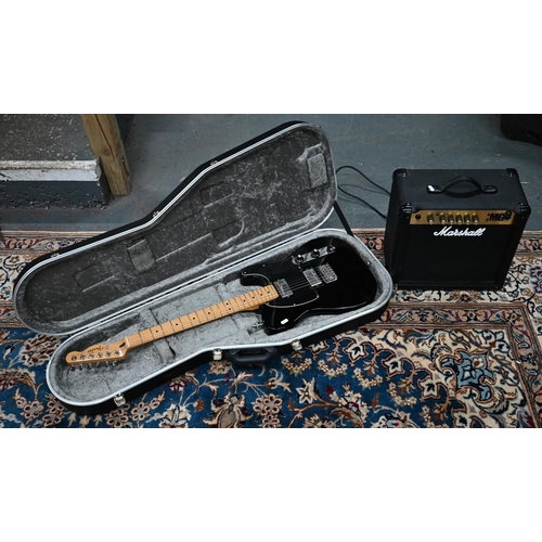 A Fender black-top Telecaster electric guitar to/w hard case and a Marshall MG 15 practice amp (2)