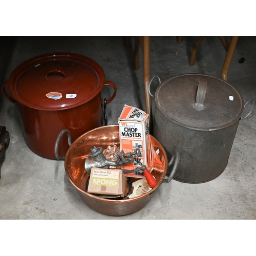 184 - A large red enamel storage bin and cover, 29 cm high x 37 cm diam, to/w a galvanised ham-boiler with... 