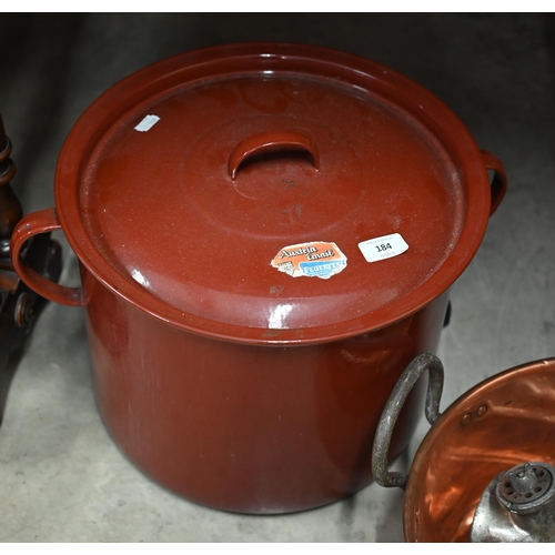 184 - A large red enamel storage bin and cover, 29 cm high x 37 cm diam, to/w a galvanised ham-boiler with... 