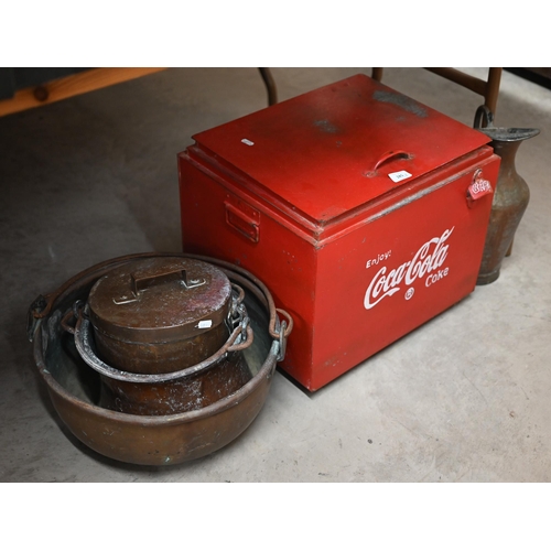 185 - A metal Coca-cola cool-box (repainted), 46 cm wide to/w three copper cooking vessels, a jug and a la... 