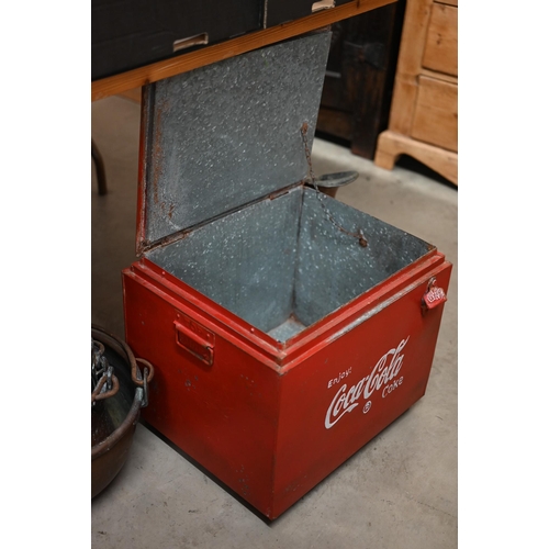 185 - A metal Coca-cola cool-box (repainted), 46 cm wide to/w three copper cooking vessels, a jug and a la... 