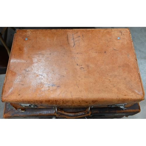 189 - Two vintage leather suitcases - one embossed for Nun Appleton Hall (property of Benjamin Dawson) to/... 