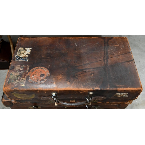 189 - Two vintage leather suitcases - one embossed for Nun Appleton Hall (property of Benjamin Dawson) to/... 