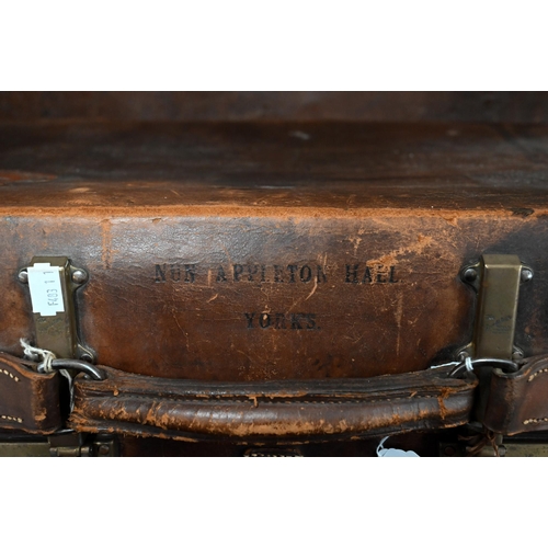 189 - Two vintage leather suitcases - one embossed for Nun Appleton Hall (property of Benjamin Dawson) to/... 